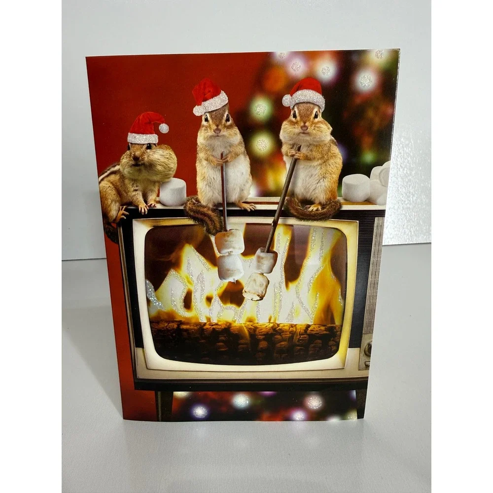 Viabella Christmas Cards 14 Count Chipmunks Roasting Marshmallows Glitter 60464